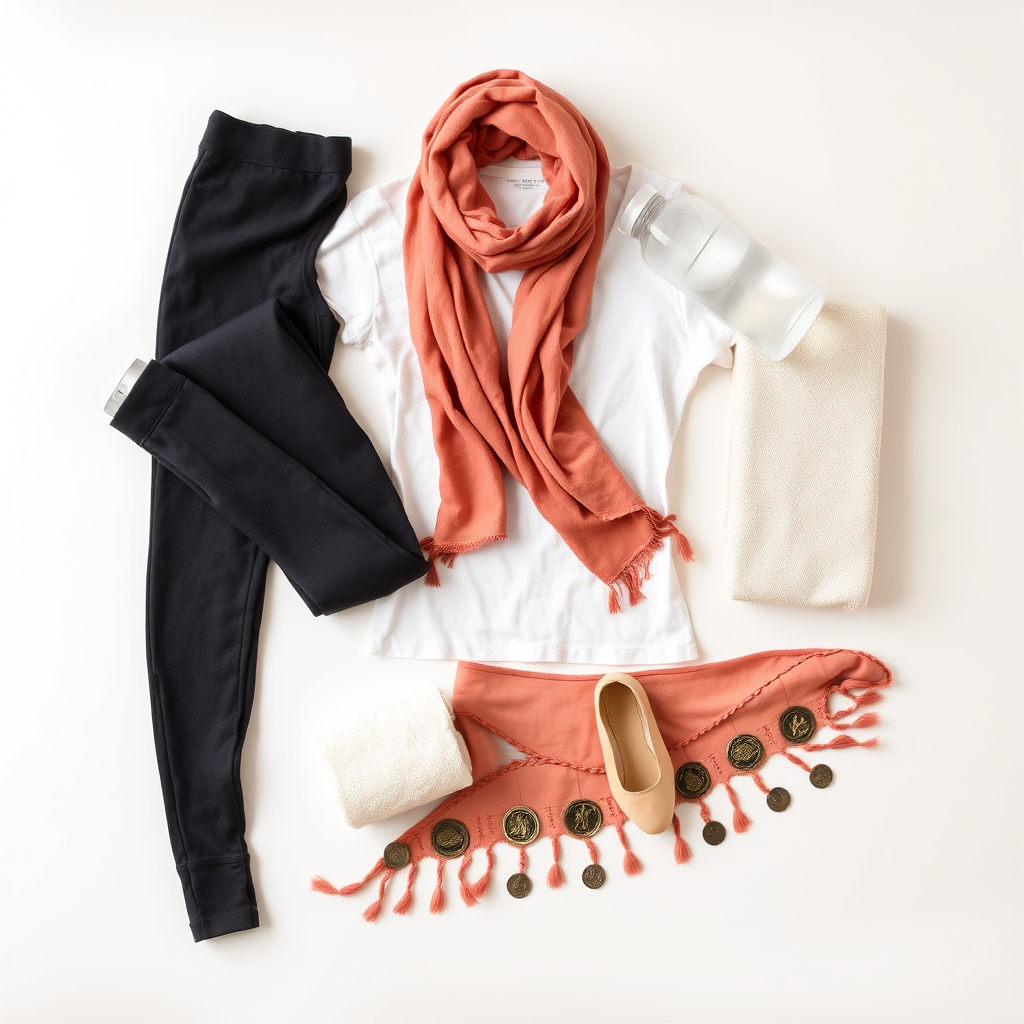 A flat lay photograph featuring the essential items needed for a belly dance class. The composition should include comfortable clothing (such as leggings, a t-shirt, and a scarf), a water bottle, a towel, a pair of ballet slippers, and a hip scarf with coins. Arrange the items in an aesthetically pleasing way on a clean and neutral background. Use soft and natural lighting to create a warm and inviting atmosphere. The overall message should be that belly dance classes require minimal equipment and are accessible to everyone.