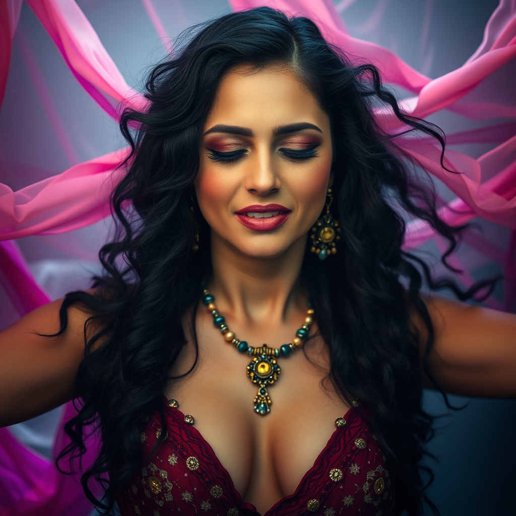 A surreal and dreamlike photograph portraying the expressive power of belly dance. Focus on a dancer's face, capturing a range of emotions from joy and passion to sorrow and vulnerability. Use creative lighting and color grading to enhance the emotional impact. Incorporate elements such as flowing fabrics, ethereal backgrounds, and symbolic props to create a sense of mystery and intrigue. The overall composition should convey the idea that belly dance is not just a physical activity but also a profound form of self-expression.