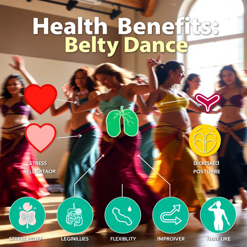 Create a vibrant and dynamic visual representation of the health benefits of belly dance. Depict a group of diverse women dancing together in a sunlit studio. Use motion blur to convey the energy and fluidity of their movements. Incorporate graphic elements such as hearts, lungs, and digestive systems to symbolize the positive impact on various bodily functions. Include icons representing stress relief, increased flexibility, and improved posture. Use a bright and uplifting color scheme with shades of green, blue, and yellow to evoke a sense of well-being and vitality. The overall composition should be both informative and inspiring, encouraging viewers to embrace the health benefits of belly dance.